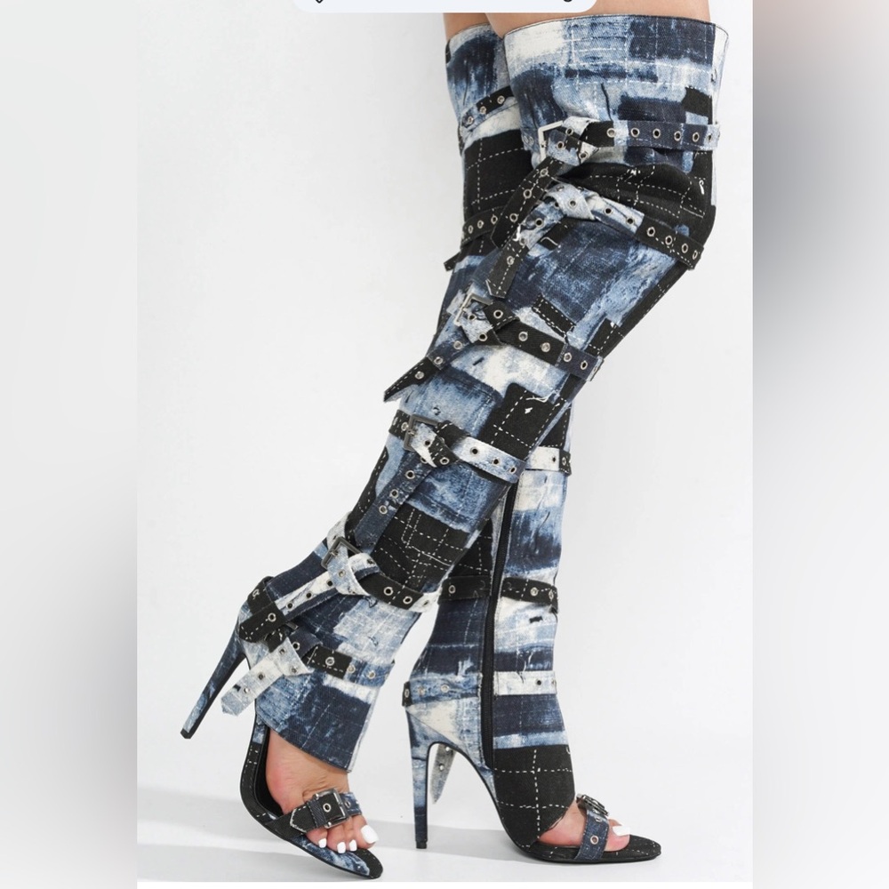 Cape Robbin Black and White Patchwork Denim Thigh High Boots Size 8
